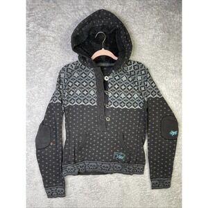 Fox Girls SweaterTop Large Black Aztec Y2K Graphic Button Logo Long Sleeve